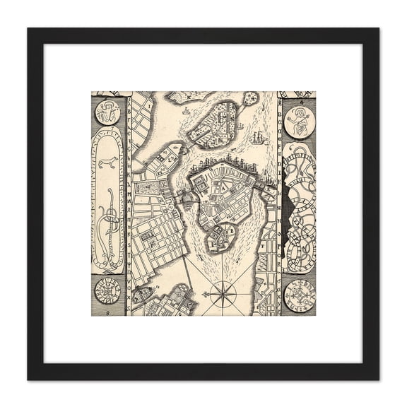 Hogarth La Mottraye Stockholm Sweden City Plan Map 8X8 Inch Square Wooden Framed Wall Art Print Picture with Mount