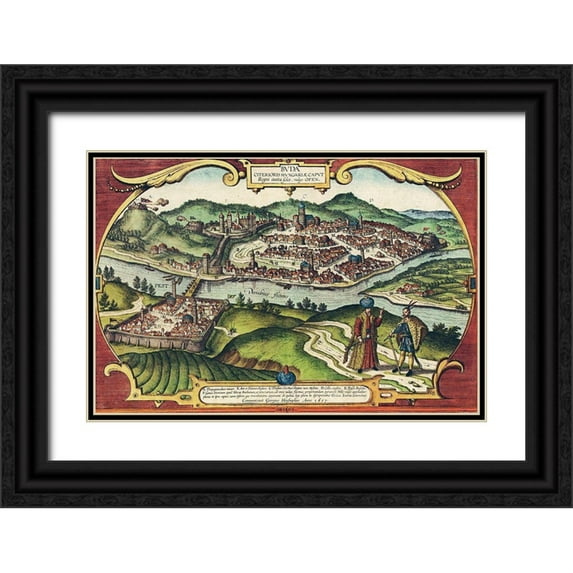 Hogenberg, Braun 14x11 Black Ornate Wood Framed with Double Matting Museum Art Print Titled - Buda Hungary