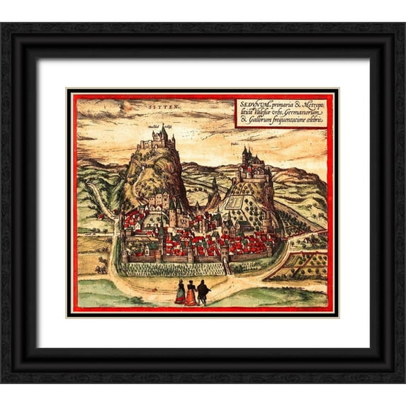 Hogenberg, Braun 14x12 Black Ornate Wood Framed with Double Matting Museum Art Print Titled - Sion Switzerland