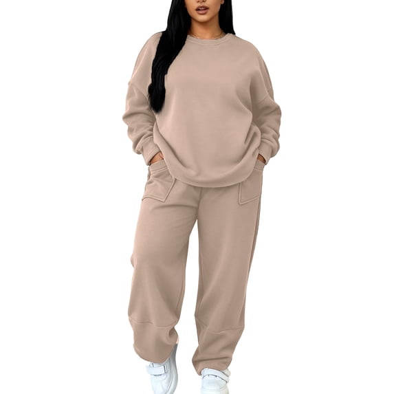 Hogleaql 2 Piece Sweatsuit for Women Plus Size Long Sleeve Lounge Drawstring Sweatshirt Wide Leg Athletic Pants Solid Color Loose Fit Outfits Dressy Winter Matching Sets with Pockets 2025 Khaki M