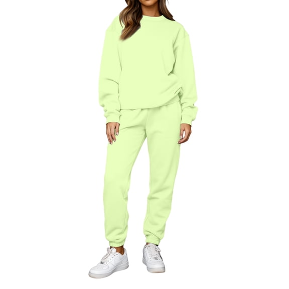 Hogleaql 2 Piece Travel Set for Women Sweatsuits Plus Size Lounge Drawstring Long Sleeve Sweatshirt Wide Leg Sweatpants Tracksuit with Pockets Solid Loose Fit Trendy Fall Outfits Fluorescent Green S