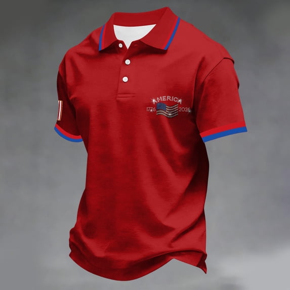 Hogleaql 250 Years American Flag Polo Shirt for Men Short Sleeve Collared Usa 1776-2026 Button Tops American Flag Retro Graphic Patriotic Trendy Blouse Red M