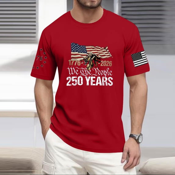Hogleaql 250th Anniversary Tops, Men's Crew Neck American Flag Short Sleeve T-Shirts Patriotic Fashion Independence Day Themed Loose Shirts Red S