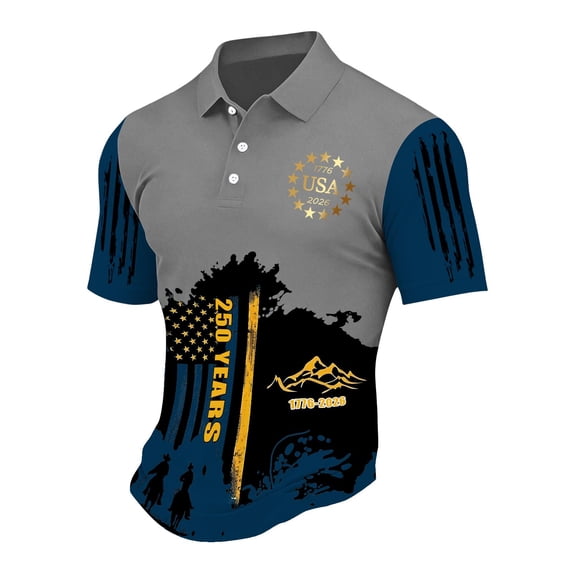 Hogleaql 250th Anniversary Usa Polo Shirt for Men Short Sleeve Button Down V-Neck Usa 1776-2026 Blouse Independence Day Patriotic Trendy Shirts Gray 2XL