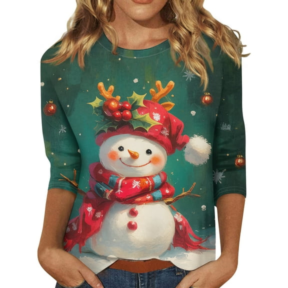 Hogleaql 3/4 Sleeve Crew Neck Shirt for Women Funny Snowman Printeded Blouse Soft Fashion Holiday Tops Winter Loose T-Shirts Dark Green L