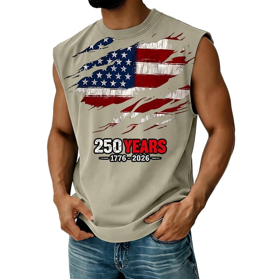 Hogleaql 4th Of July American Flag Patriotic Tank Top Shirts Mens Usa Muscle 250 Anniversary USA Sleeveless Shirt Crew Neck Patriotic Workout Trendy Vest Khaki L
