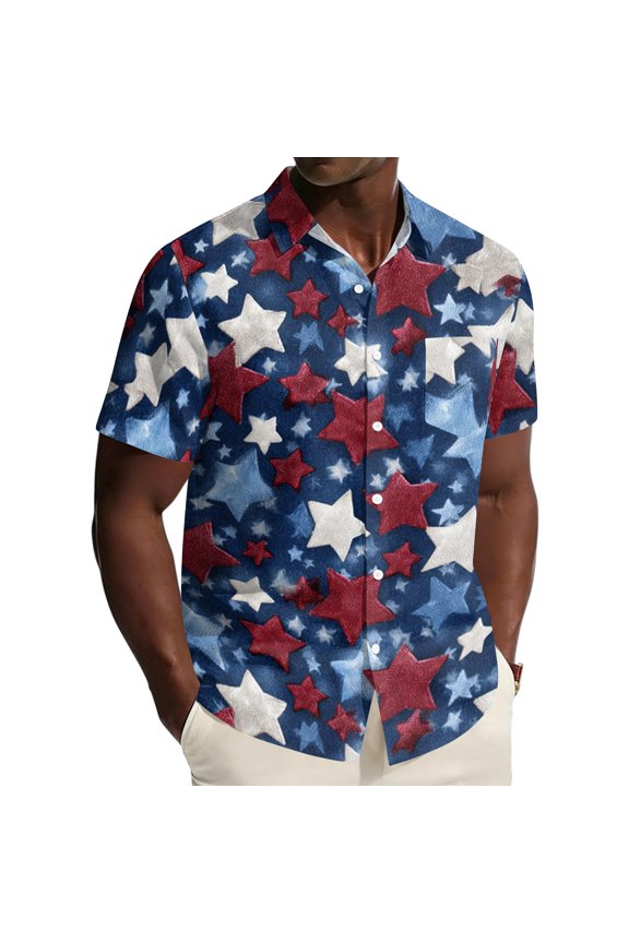 4th Of July Hawaiian Shirts for Men 4th Of July American Flag Graphic Short Sleeve Patriotic Shirts Collared Button Dressy Hawaiian Workout Outfits Dark Blue 2XL