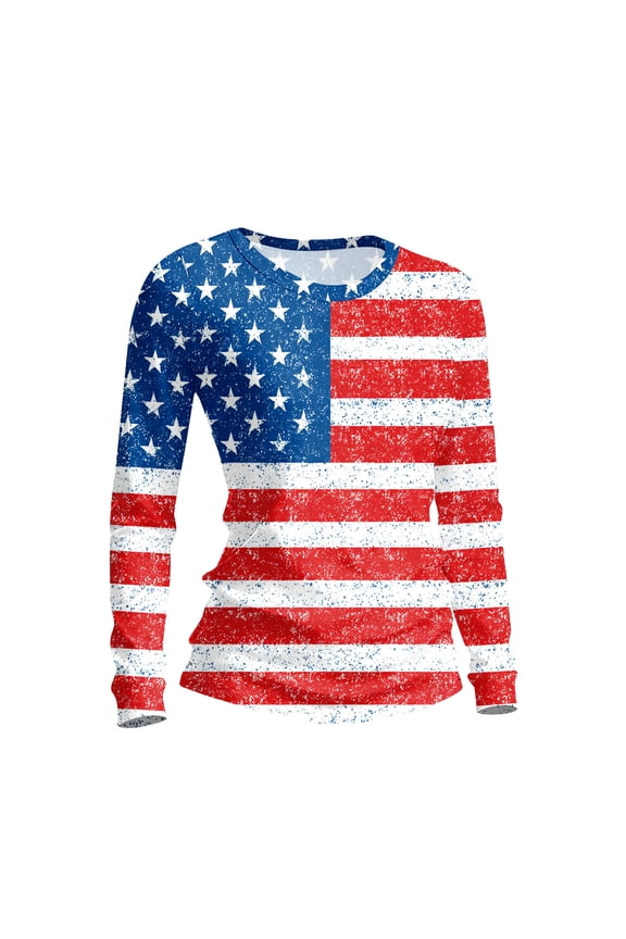 4th Of July Tops for Women Crewneck Patriotic Shirts Long Sleeve USA Flag Independence Day Graphic for Women Dressy T Shirt Red 2XL