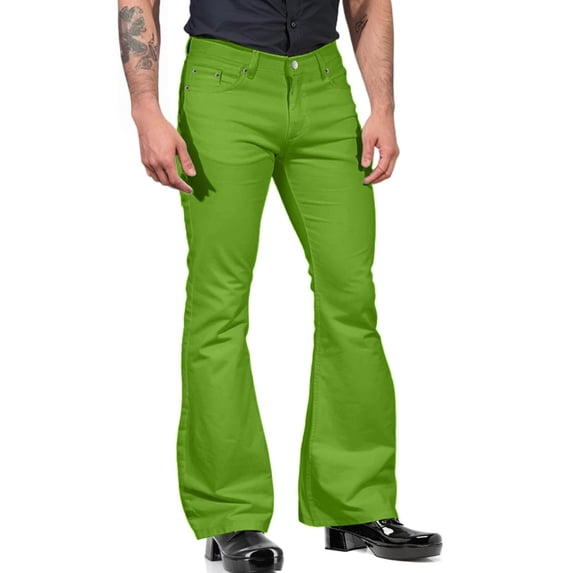 Hogleaql 70s Disco Flared Leg Pants for Men,men's 70s Style Bell Bottoms Jeans with Pocket Vintage Denim Classic Outfits for Men Green XL