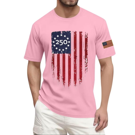 Hogleaql American Flag Shirts Men: Crew Neck 4th Of July Patriotic Tee Top Short Sleeve USA Independence Day Graphic for Men Trendy T-Shirts Pink 3XL