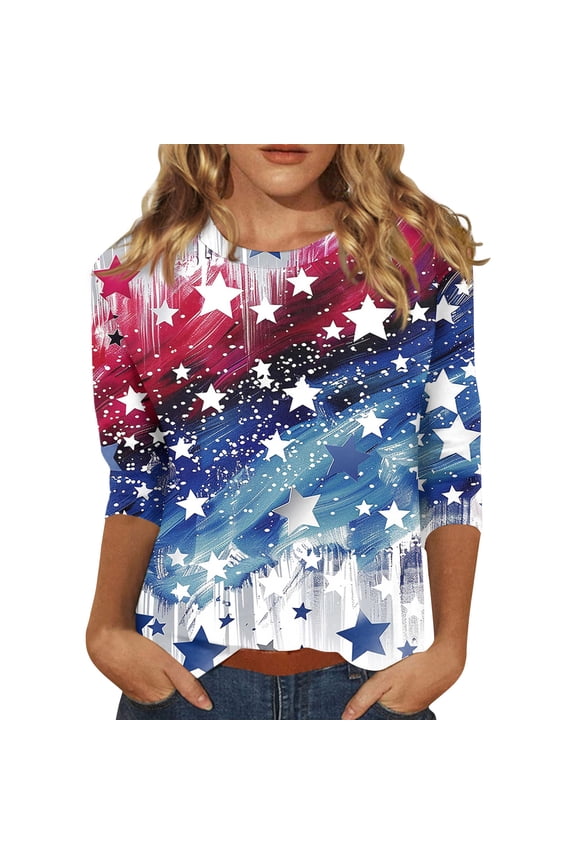 American Flag Shirts Women: Patriotic 4th Of July 3/4 Sleeve USA Graphic Shirt Crewneck Independence Day Casual for Women T-Shirts Sky Blue M
