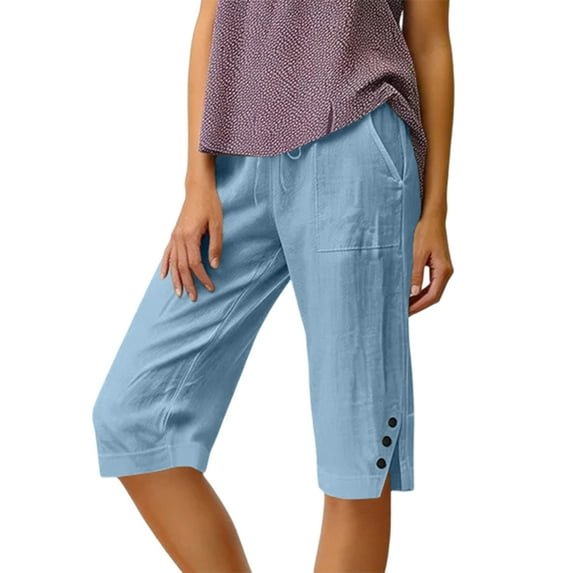 Hogleaql Bermuda Shorts for Women Knee Length Bermuda Elastic Waist Knee Length Cotton Linen Shorts Capris Dressy Loose Fit Summer Pants Drawstring Pedal Pushers with Pockets Light Blue XL