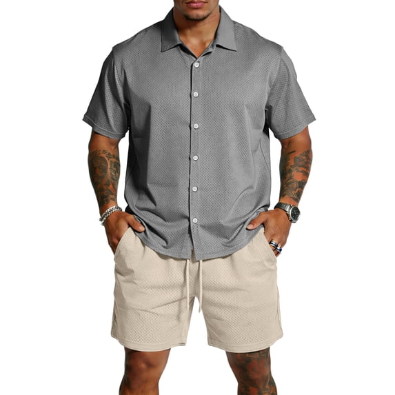 Hogleaql Big and Tall 2 Piece Linen Sets Outfits Mens Button Down Short Sleeve Shirts and Shorts with Pockets Elastic Waist Vacation Lightweight Loose Fit Matching Outfits Gray M