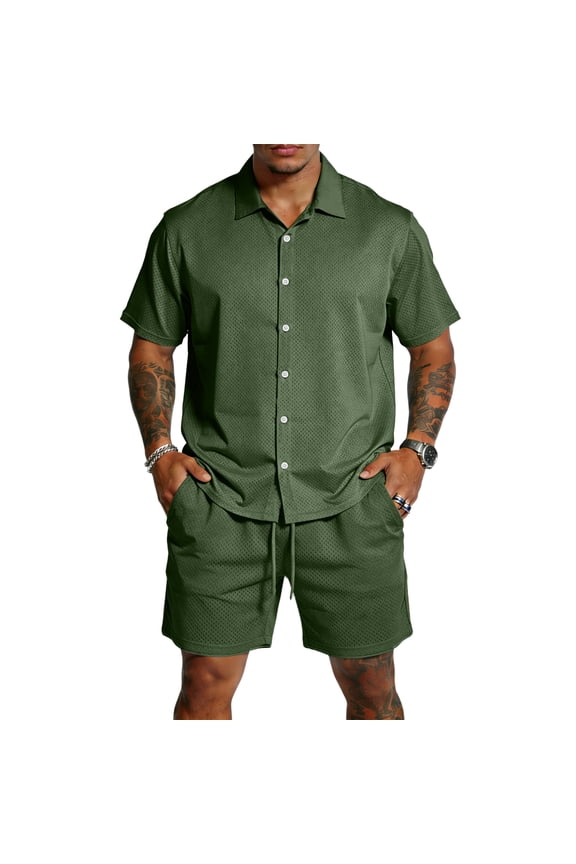 Big and Tall 2 Piece Linen Sets Outfits Mens Button Short Sleeve Shirts and Shorts with Pockets Elastic Waist Vacation Lightweight Loose Matching Tracksuits Army Green L