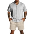 thumbnail image 1 of Hogleaql Big and Tall 2 Piece Linen Sets Outfits Mens Button Short Sleeve Shirts and Shorts Summer Beach Set with Pockets Elastic Waist Casual Fashion Loose Matching Outfits Light Gray XL, 1 of 4