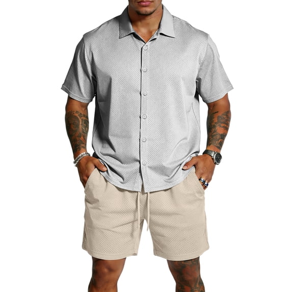 Hogleaql Big and Tall 2 Piece Linen Sets Outfits Mens Button Short Sleeve Shirts and Shorts Summer Beach Set with Pockets Elastic Waist Casual Fashion Loose Matching Outfits Light Gray XL