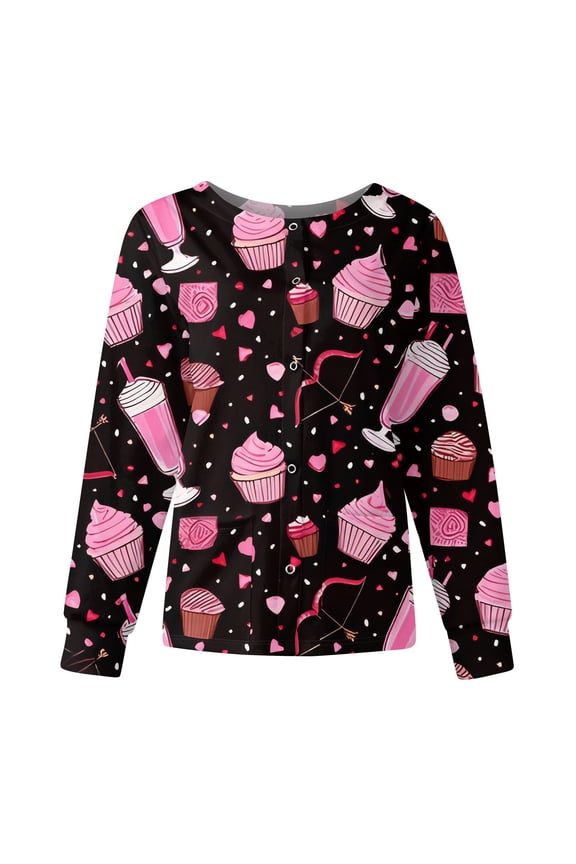 Black Scrub Jacket for Woman Long Sleeve Floral Printed Scrub Tops Snap Front Stretchy Plus Size Nurse Jacket Nursing Working Uniform