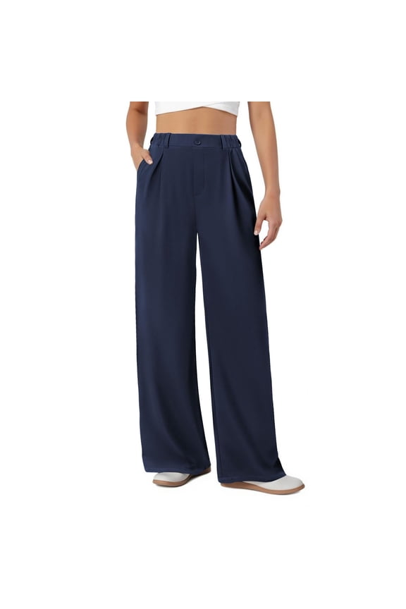 Casual Pants for Women Fashion Straight Leg Work Slacks Pants High Waist Stretchy with Pockets Lounge Business Loose Trousers Dark Blue XL