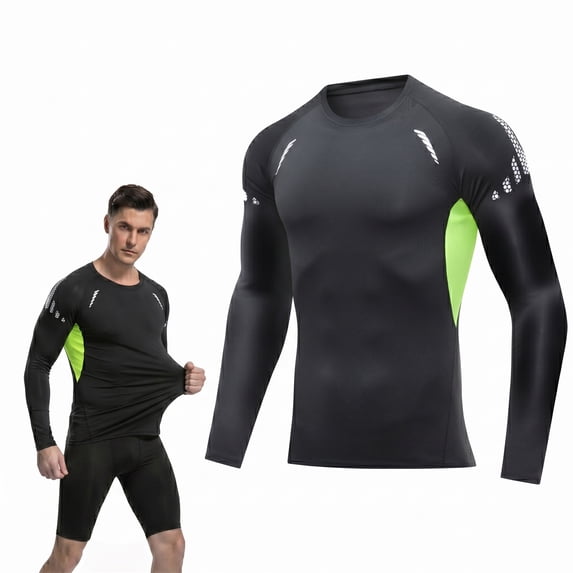 Hogleaql Compression Shirts for Men - Long Sleeve Black Workout Base Layer Athletic Gym Tops Quick Dry Running Undershirts Green 3XL