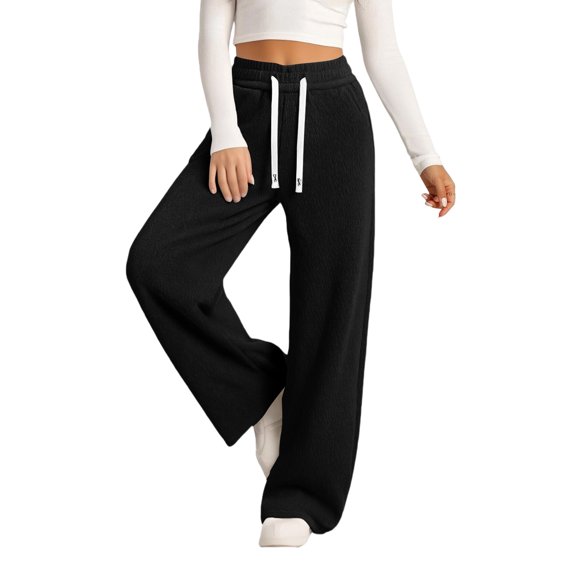 Hogleaql Corduroy Pants Women Wide Leg Straight Soft Elastic Waist Dressy Pants Casual Baggy Trousers with Pockets Black XL