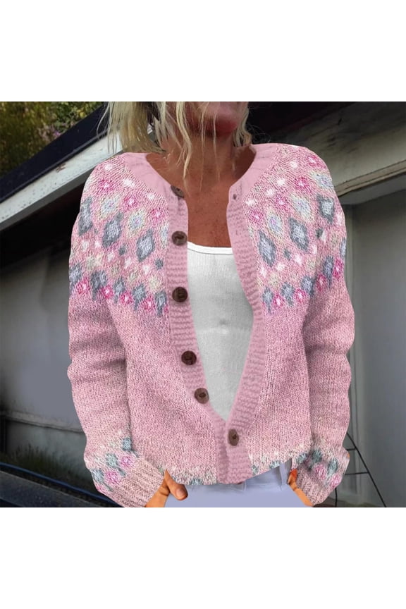 Fair Isle Sweater Cardigan Womens Knit Button Down Long Sleeve Sweater Round Neck Dressy Cardigans Lightweight Warm 2025 Winter Holiday Party Outwear Coat Pink XL