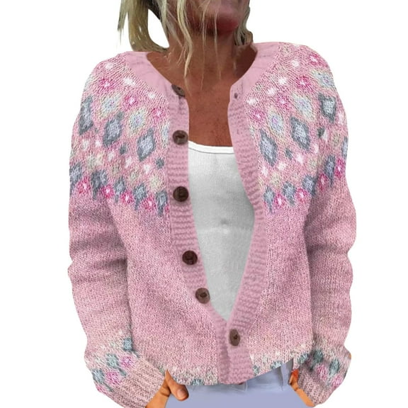 Hogleaql Fair Isle Sweater Cardigan Womens Knit Button Down Long Sleeve Sweater Round Neck Funny Cardigans Lightweight Warm 2025 Winter Holiday Outwear Coat Pink L