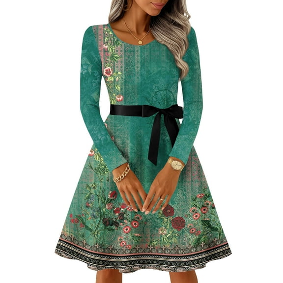 Hogleaql Fall Dresses for Women 2025 Crewneck Dressy Long Sleeve A-Line Plus Size Swing Dress Checkered Striped Print Lightweight Midi Length Retro Comfy Ruffle Bow Tie Dress Outfit Dark Green L