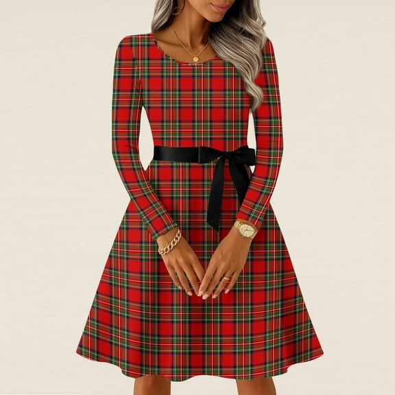 Hogleaql Fall Dresses for Women 2025 Crewneck Fashion Long Sleeve A-Line Plus Size Swing Dress Checkered Striped Print Lightweight Knee Length Retro Winter Casual Ruffle Bow Tie Skirts Red 2XL