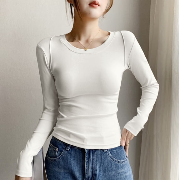 Hogleaql Fitted Long Sleeve Shirts for Women Slim Fit Basic Round Neck Soft Tops Lightweight Base Layer Blouses Solid Warm Fashion Undershirt White L