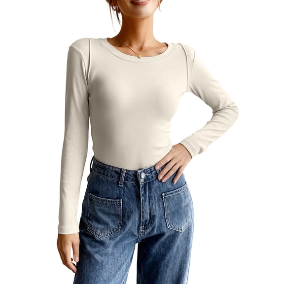Hogleaql Fitted Long Sleeve Shirts for Women Tight Basic Round Neck Soft Tops Y2k Base Layer T Shirts Solid Warm Fashion Underwear Tees Beige XL