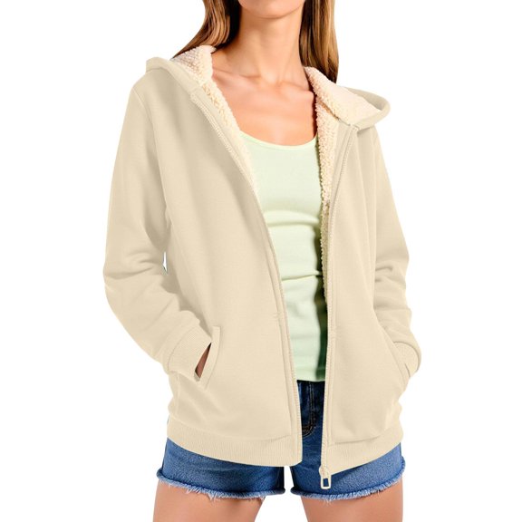 Hogleaql Fleece Lined Zip Up Hoodies for Women Comfy Long Sleeve Thermal Lightweight Jacket Thick Loose Solid Color Overcoat Winter Dressy Coat with Pockets Beige S