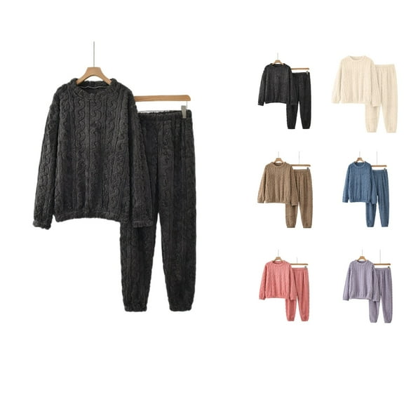 Hogleaql Fleece Womens Pajama Sets Soft Fluffy Thermal Fleece Pullover Ribbed Loungewear Plush Set Thickened Loose Lightweight Winter Pajama Casual Two Piece Dark Gray