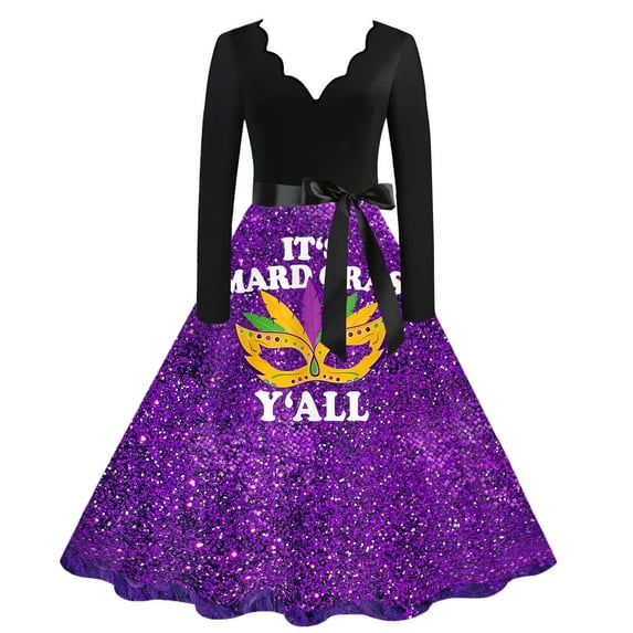Hogleaql Formal Vintage Cocktail Dresses for Women Vintage V-Neck Long Sleeve A-Line Carnival Themed Party Graphic Midi Dress Mesh Flowy Belted Comfortable Dressy Outfit Purple L