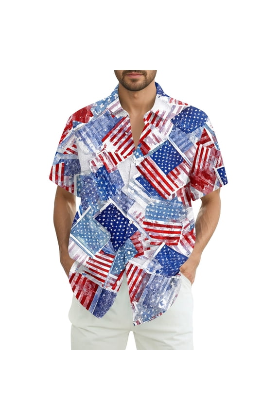 Funny Independence Day Pattern Hawaiian Shirts for Men 4th Of July American Flag Print Short Sleeve Patriotic Shirts Collared Button Fashion Hawaiian Casual Shirts for Men Watermelon Red M