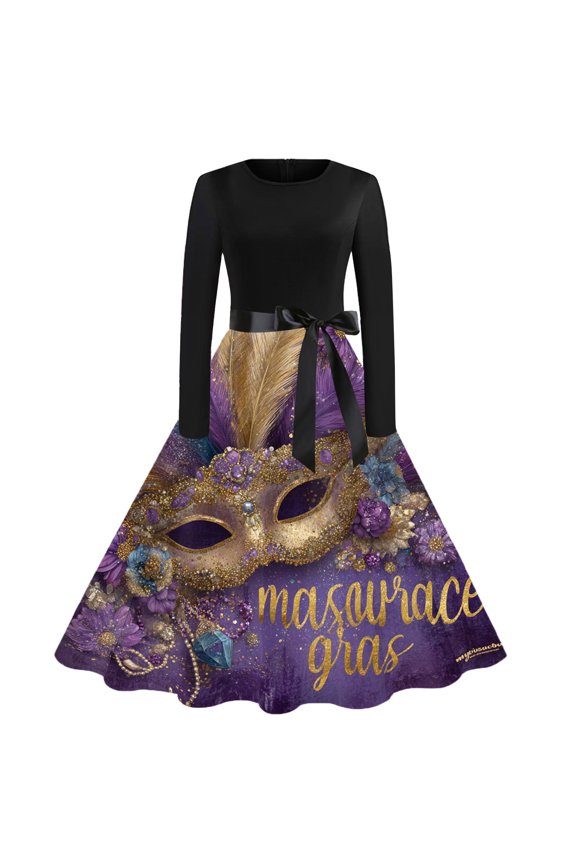 Ladies Mardi Gras Dress Retro Crew Neck Long Sleeve A-Line Carnival Themed Party Graphic Midi Dress Swing Belted Comfortable Dressy Outfit Bronze 2XL