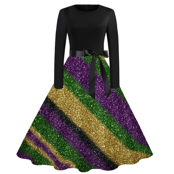 Hogleaql Ladies Mardi Gras Dress Vintage Crew Neck Long Sleeve A-Line Carnival Mask Graphic Midi Dress Mesh Flowy Belted Comfortable Dressy Clothing Dark Purple 2XL