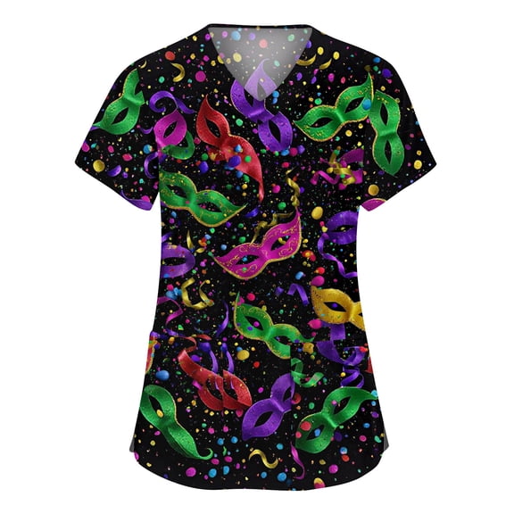 Hogleaql Ladies Mardi Gras Scrub Top Short Sleeve Plus Size V-Neck Casual Scrub Tops Carnival Mask Graphic Nurse Working Uniforms Trendy Top 2 Pockets Green M