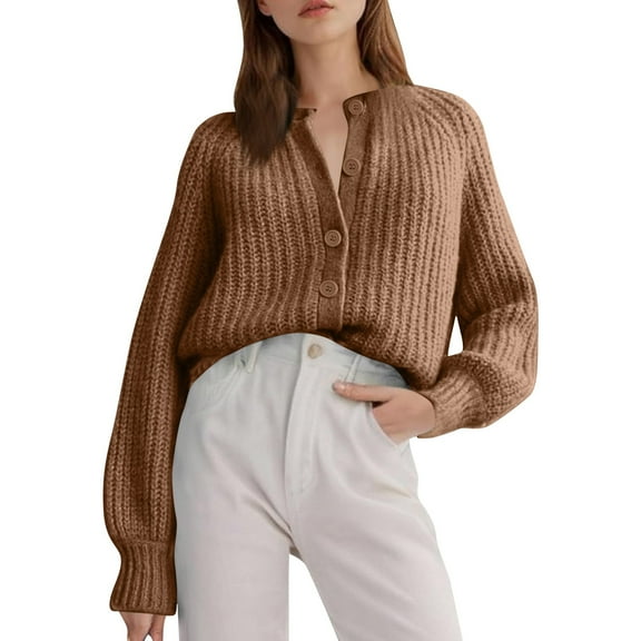 Hogleaql Lightweight Sweaters for Women Long Sleeve Knit Crew Neck Button Down Cardigan Solid Color Loose Fit Casual Sweaters Winter Open Front Trendy Outwear Coffee S