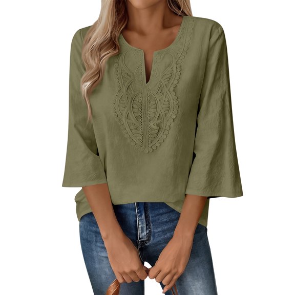 Hogleaql Linen Tops for Women 3/4 Sleeve Comfortable V Neck Cotton Trendy T Shirts Boho Relaxed Fit Loose Fit Solid Color Lace Blouse Army Green L