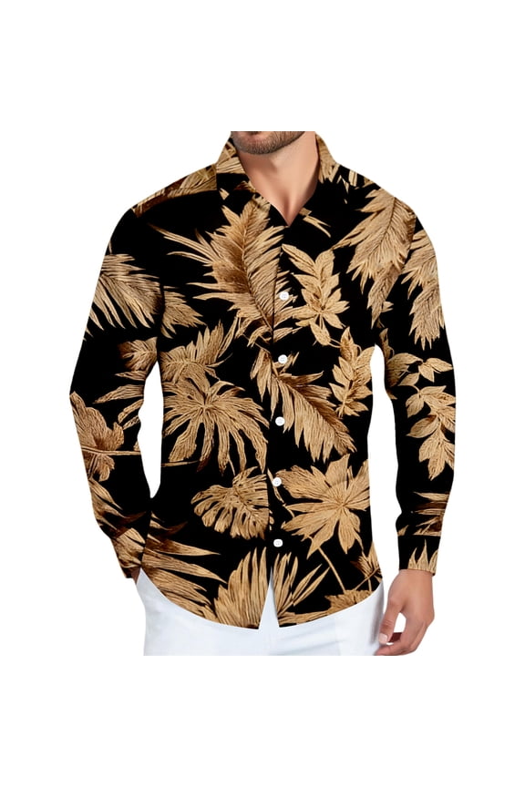 Long Sleeve Hawaiian Shirts for Men Summer Beach Collared Tee Shirts Button Down Fashion Relaxed Fit Tropical Plant Printed Men's Shirts Vermilion 2XL