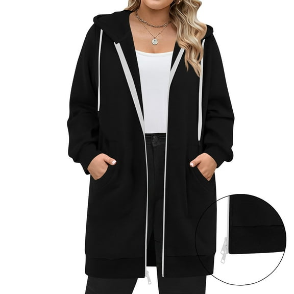 Hogleaql Long Sweatshirt for Women Casual Zip Up Thick Hoodie Plus Size Fleece Fall Long Hooded Sweatshirts Knee Length Jacket with Pockets