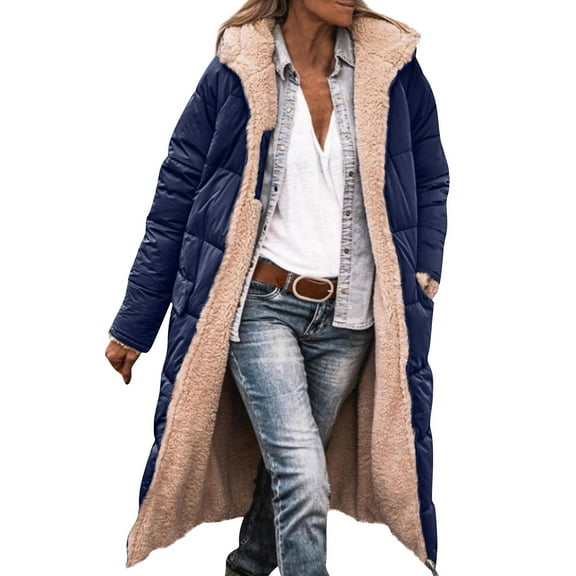Hogleaql Long Winter Coats for Women Long Sleeve Zipper Reversible Shearling Fleece Coat Insulated Quilted Jackets with Pockets Loose Fall Long Hoodie Outerwear Navy S