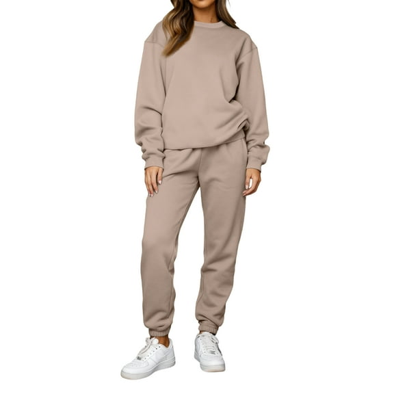 Hogleaql Lounge Sets for Women 2 Piece Sweatsuits Plus Size Drawstring Long Sleeve Sweatshirt Wide Leg Sweatpants Tracksuit with Pockets Solid Color Loose Dressy 2025 Winter Outfits Khaki S