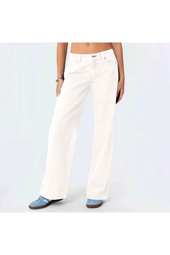 Low Waisted Jeans for Women Fashion Lightweight Stretchy Wide Leg Button Denim Jeans with Pockets Baggy Trousers White M