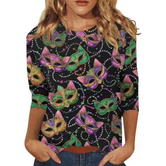 Hogleaql Mardi Gras Blouses for Women 3/4 Sleeve Crew Neck Loose Tops Carnival Mask Graphic Pullover Fashion Soft Tshirts Casual Blouse Black S
