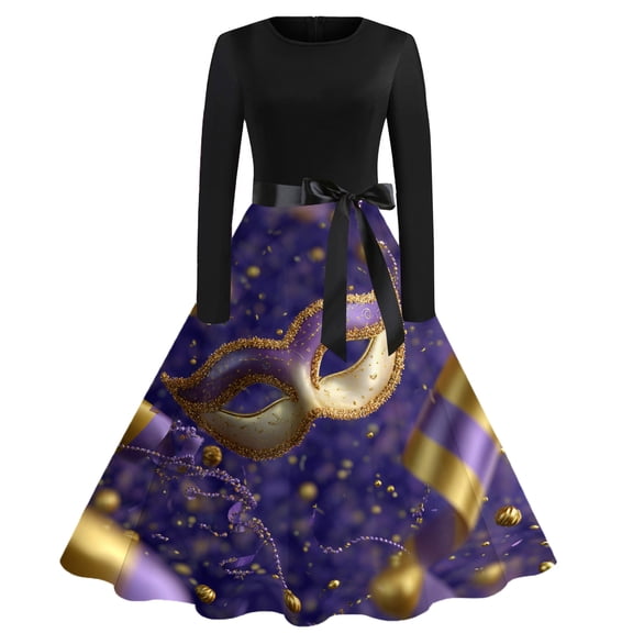 Hogleaql Mardi Gras Dresses for Women Vintage Crew Neck Long Sleeve A-Line Carnival Mask Graphic Dresses Swing Belted Soft Fashion Clothing Dark Purple XL