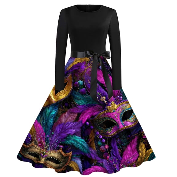 Hogleaql Mardi Gras Dresses Womens Retro Crew Neck Long Sleeve A-Line Carnival Themed Party Graphic Midi Dress Mesh Flowy Belted Cozy Fashion Clothing Hot Pink M
