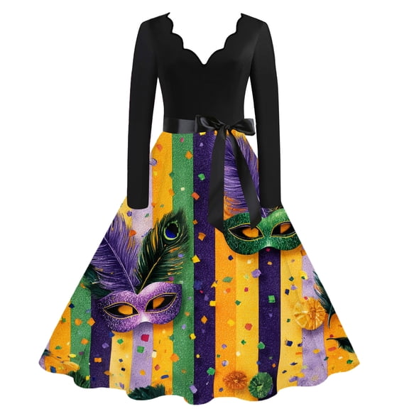 Hogleaql Mardi Gras Dresses Womens Vintage V Neck Long Sleeve A-Line Carnival Themed Party Graphic Midi Dress Mesh Flowy Belted Cozy Dressy Costume Orange S