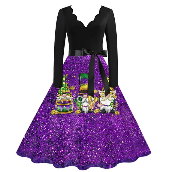 Hogleaql Mardi Gras Dresses Womens Vintage V Neck Long Sleeve A-Line Carnival Themed Party Graphic Midi Dress Swing Belted Comfy Trendy Clothing Dark Purple XL