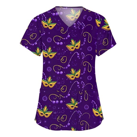 Hogleaql Mardi Gras Scrub Top for Women Short Sleeve Plus Size V-Neck Casual Scrub Tops Carnival Mask Graphic Nursing Medical Uniform Fashion Shirts 2 Pockets Dark Purple S